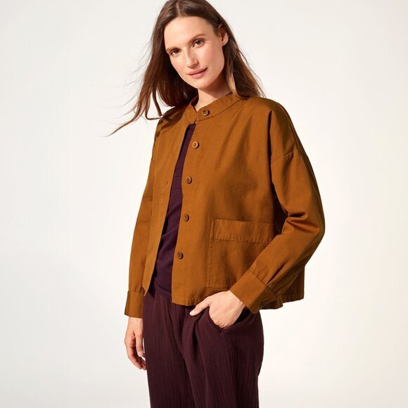 Eileen Fisher Organic Cotton Mandarin Collar Canvas Jacket in Musk - sz Large - Picture 1 of 9